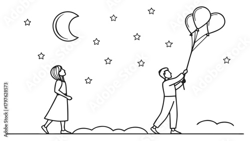 Line art illustration of a boy holding balloons and a girl looking at the moon and stars in a night sky.