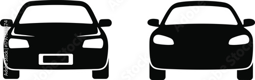 Black Car Icon Vector Set with Front View, Headlights, Grille, License Plate for Automotive, Transport, Travel, and Vehicle Design Concepts