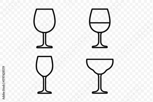 Minimalist black outline icons of various stemmed glassware for drinks