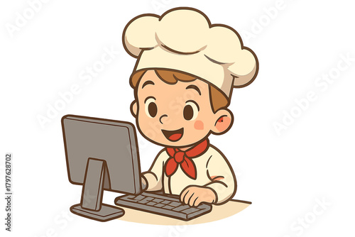 Cute smiling young chef character wearing a hat and working on a desktop computer keyboard