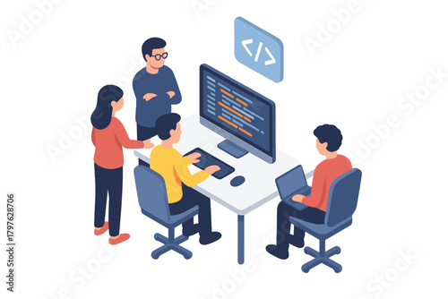 Diverse software development team collaborating on a coding project at a desk