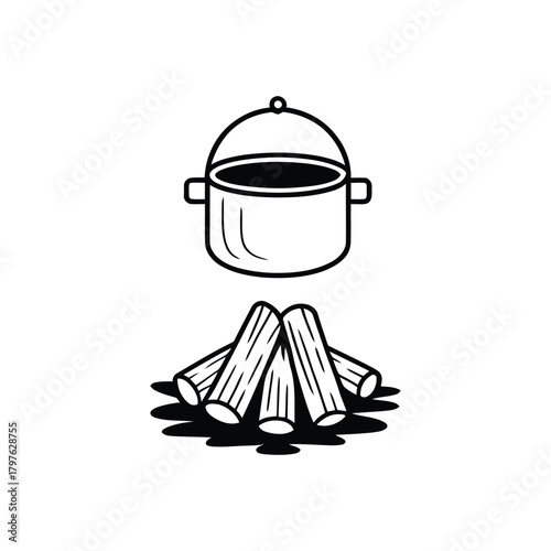 Campfire cooking pot and firewood logs icon for outdoor adventure vector art