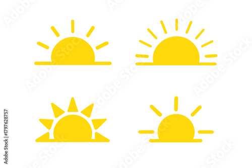 Minimalist yellow sun icons for sunrise and sunset weather apps and web design