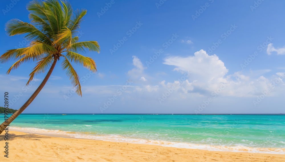 Fototapeta premium Spectacular view of caribbean waters with palm tree, ideal for editorial header background