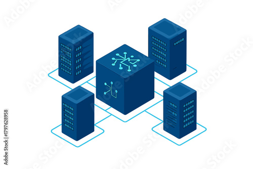 Isometric data center infrastructure showing server racks connected to a central network hub for cloud storage