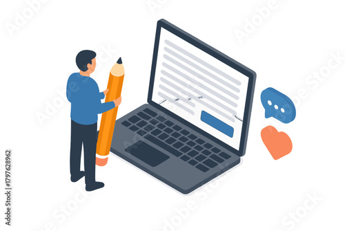 Person holding large pencil near laptop symbolizing digital content creation