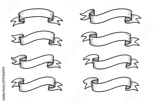 Eight vintage hand-drawn ribbon banners set in black and white sketch style for decoration or text placement