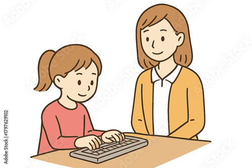 Adult woman teaching young girl how to use a computer keyboard for education or homework assistance