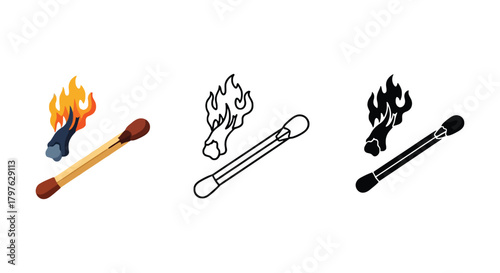 Three depictions of a matchstick with flame in different styles art