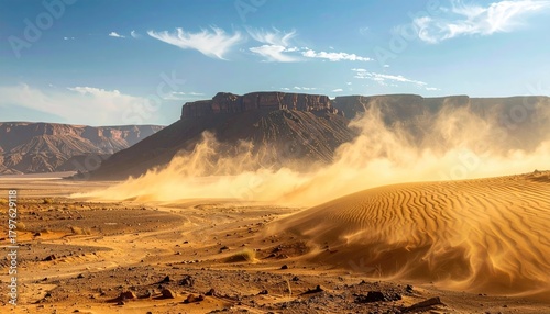 Fototapeta Naklejka Na Ścianę i Meble -  Arid desert landscape under a bright blue sky with wispy clouds as sand blows across the golden dunes during a sunny day