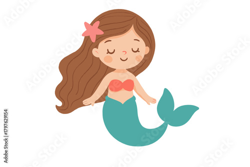 Cute cartoon mermaid character with closed eyes and pink starfish in long brown hair