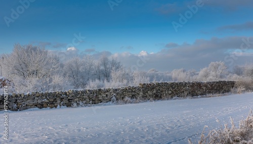 Snow-covered rural wall, em...
