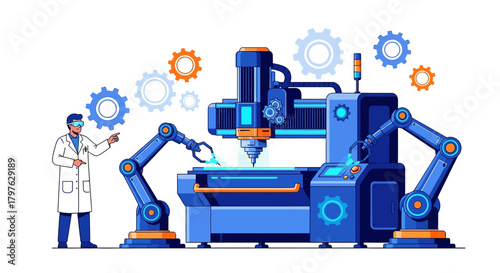 Futuristic industrial automation showcases a scientist orchestrating robotic precision machinery