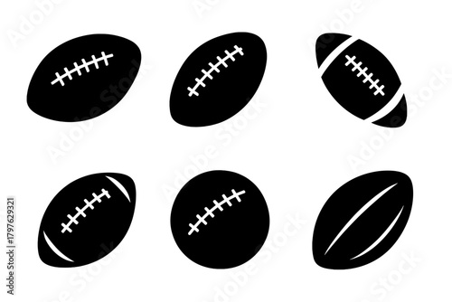 Collection of black American football balls featuring various perspectives and stitching details
