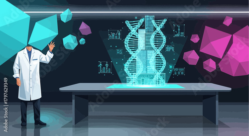 Futuristic Laboratory Research with Holographic DNA Structure and Doctor Figure, Advanced
