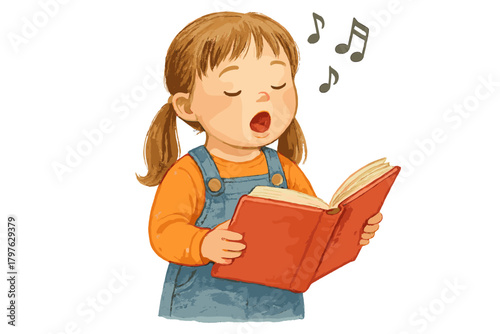 Cute little girl singing a song while reading from a red book with musical notes