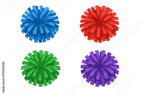 Four vibrant cheerleading pom-poms in primary and secondary colors isolated on white