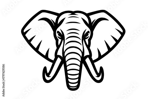 Powerful African elephant head mascot logo design in black and white outline style
