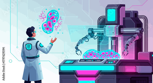 Futuristic laboratory scene depicting advanced research with cell manipulation and robotic