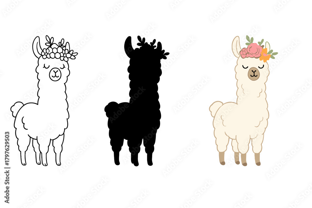Naklejka premium Charming fluffy llama character wearing a decorative floral wreath and flower crown