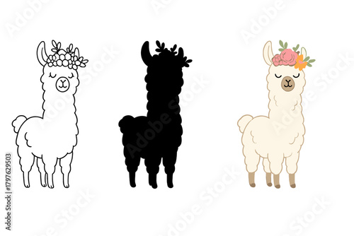 Charming fluffy llama character wearing a decorative floral wreath and flower crown
