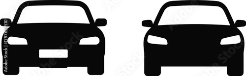 Black Car Icon Vector Set with Front View, Headlights, License Plate, Side Mirrors for Automotive, Transport, Travel, and Vehicle Design