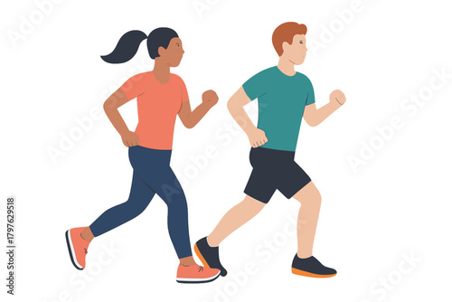 Athletic diverse couple running or jogging together in sportswear for fitness training
