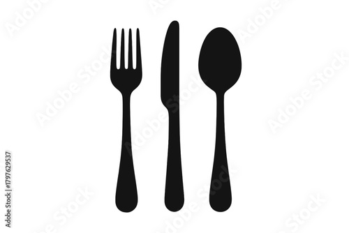 Black silhouette set of fork, knife, and spoon dining cutlery on white background