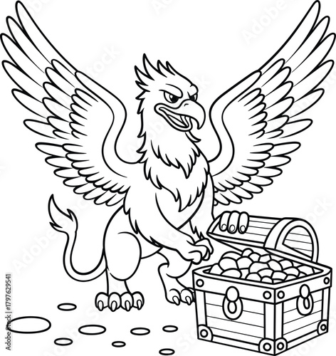 Mythical griffin guarding a treasure chest filled with gold coins and jewels