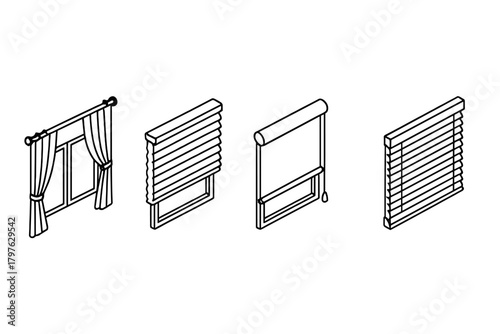 Collection of various window blinds, shades, and curtains in black outline isometric view