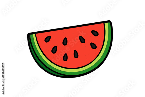 Brightly colored stylized slice of fresh summer watermelon with black seeds and thick outline