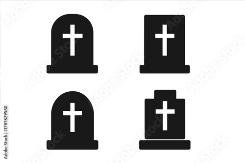 Collection of different shapes of cemetery headstones and gravestones with Christian cross symbols