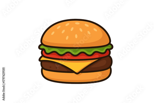 Classic cheeseburger with sesame seed bun, beef patty, cheese, lettuce, and tomato