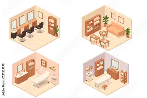 Isometric set of beauty salon, spa, and wellness center interior rooms including hair styling, waiting area, and treatment rooms