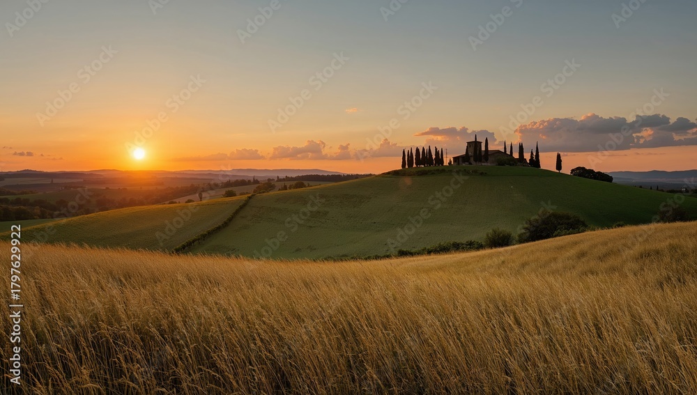 Obraz premium Tuscany sunset over undulating hills and vibrant greenery, seasonal change