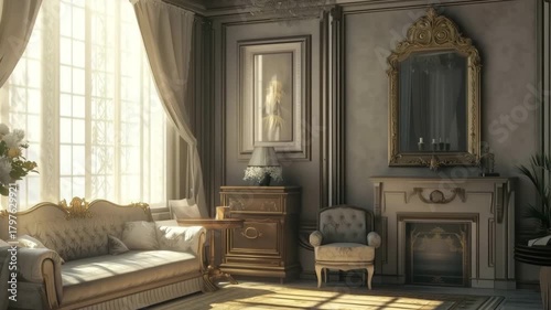 A luxurious neoclassical living room with elegant furniture, large windows letting in natural light, a decorative mirror, and a classic fireplace