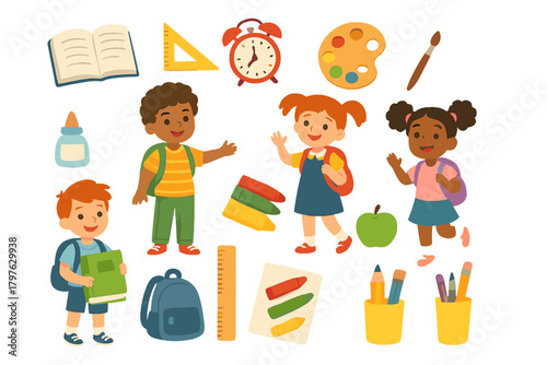 Happy diverse children characters with backpacks surrounded by educational tools and objects