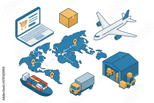 Global logistics and e-commerce supply chain network with world map and transportation methods