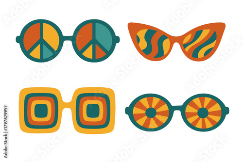 Colorful vintage sunglasses featuring peace signs and psychedelic groovy patterns