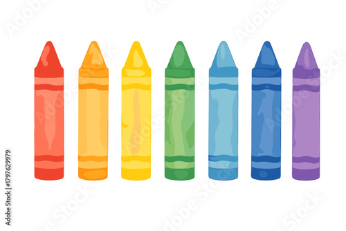 Seven colorful wax crayons arranged in a row following rainbow color order