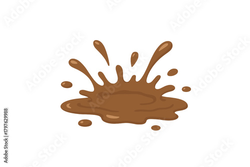 Dynamic brown liquid splash with droplets splattering outward on a clean white background