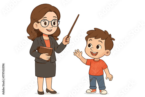 Smiling female educator holding a pointer stick interacting with a happy student