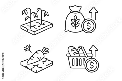 Agricultural crisis and food price inflation showing drought, poor harvest, and rising grocery costs