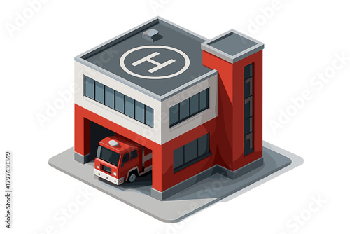 Isometric fire station building with a red fire truck parked inside the garage and a helipad on the roof