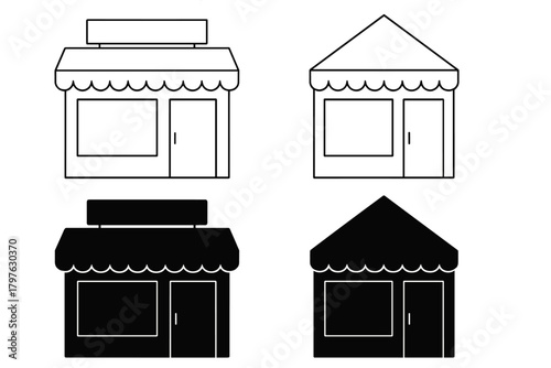 Simple black and white icons of small retail stores and market shops with awnings