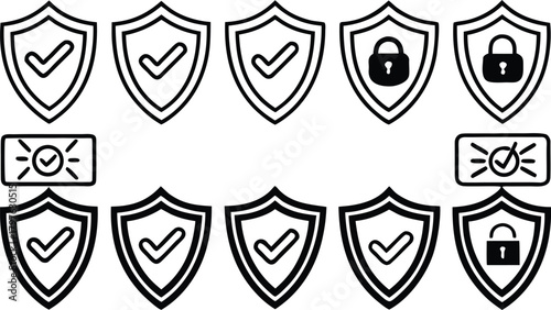Shield icons with checkmark and lock symbols for security and approval