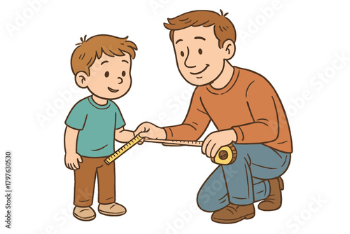 Father and young son measuring distance together with a tape measure tool