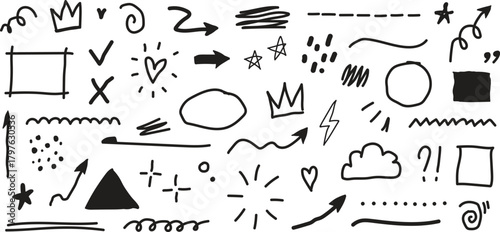 Hand drawn illustration set of various objects and countries