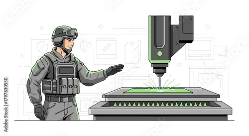 Futuristic soldier monitoring advanced laser cutting precision military application technology