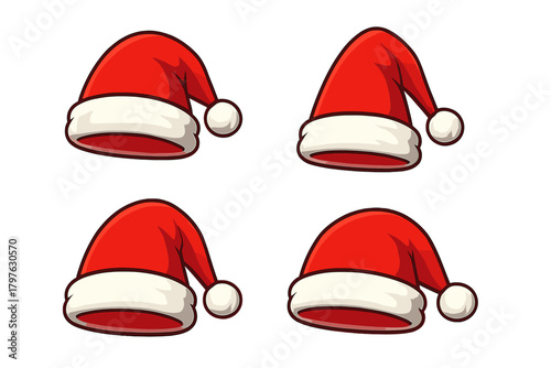 Set of four traditional red and white Christmas hats with fluffy trim and pompom accessories